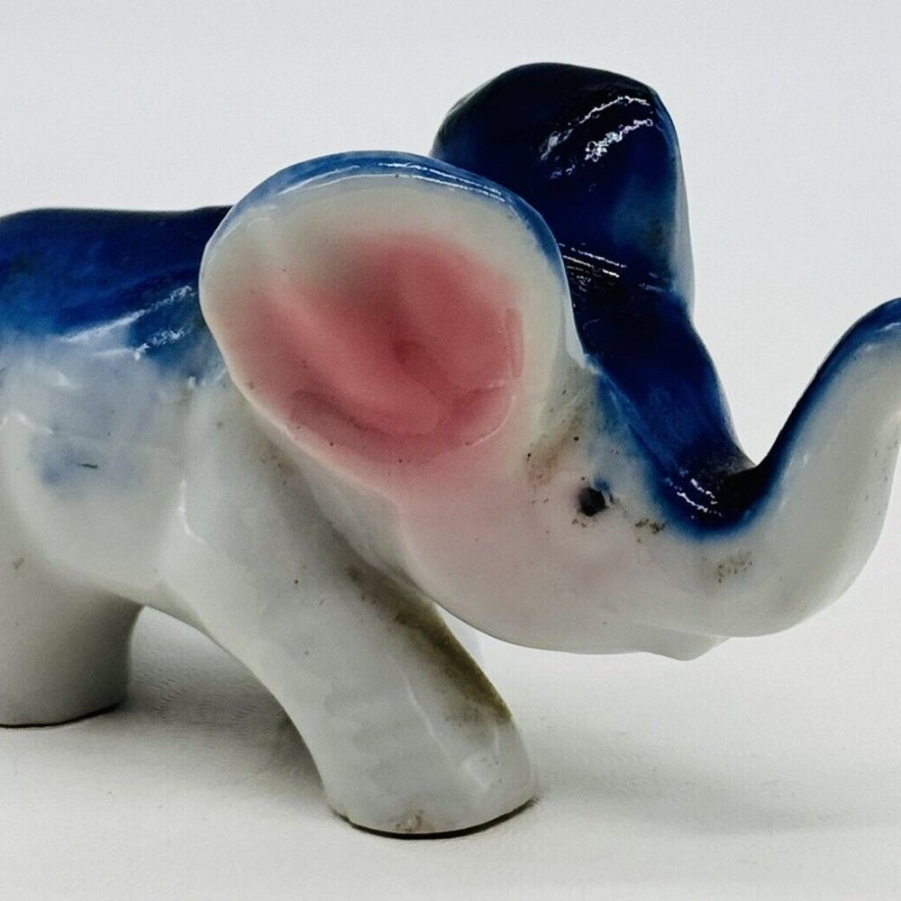 Vintage Blue Porcelain Elephant Figurine Trunk Up Japan‎ Good Luck 3.5 inch